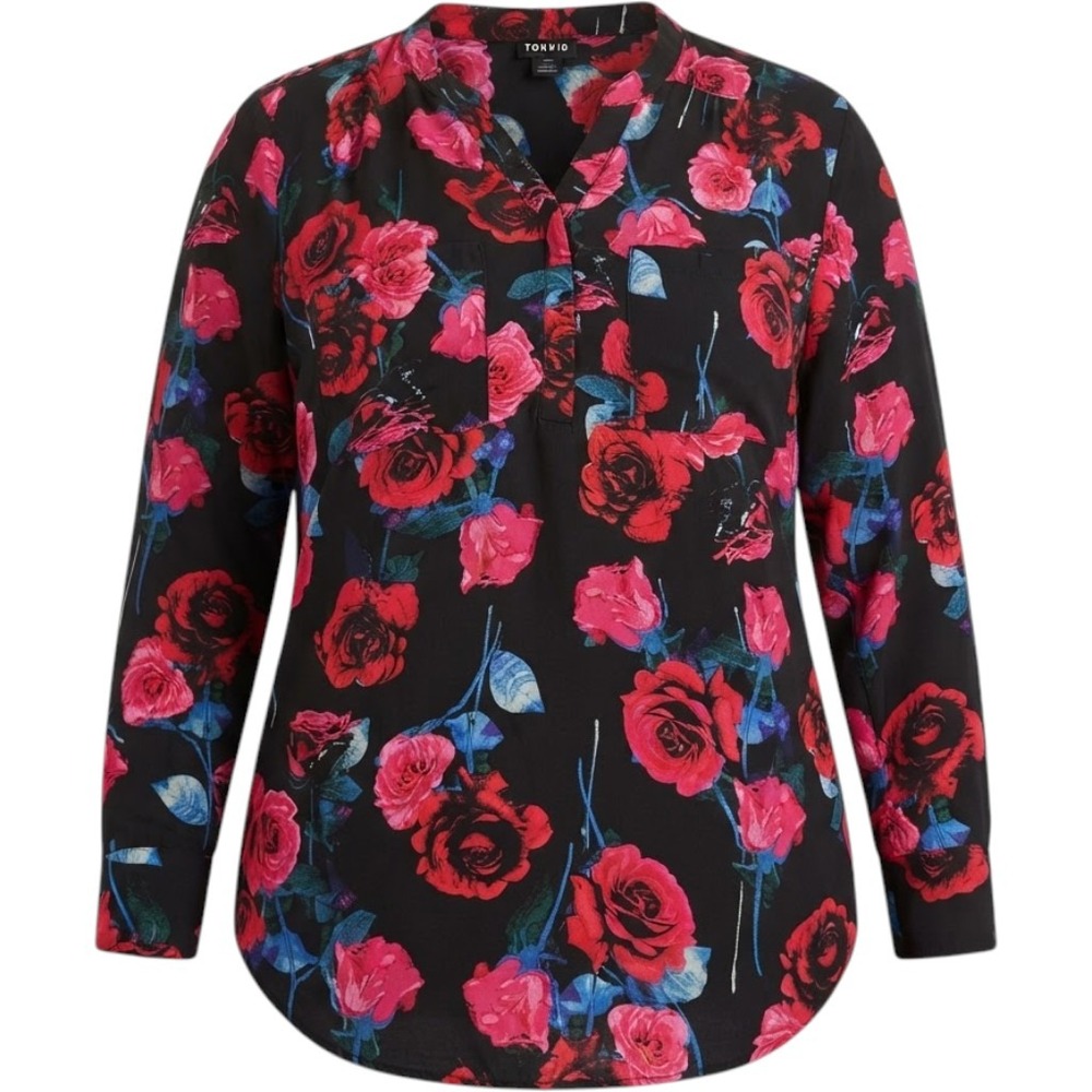 Torrid Harper Blouse Size 3 Black Red Floral Rose Split V-Neck Long Sleeve Top